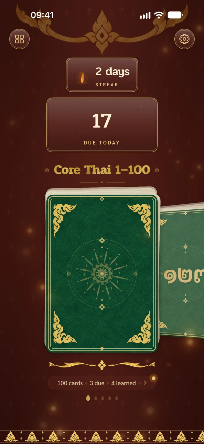 Wat Kham home with a daily streak, cards due today and jade decks
